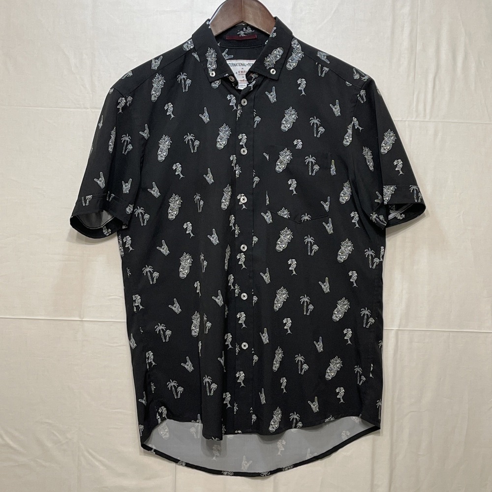 International Report Mens‎ Button Down Shirt Medium Black Novelty Print